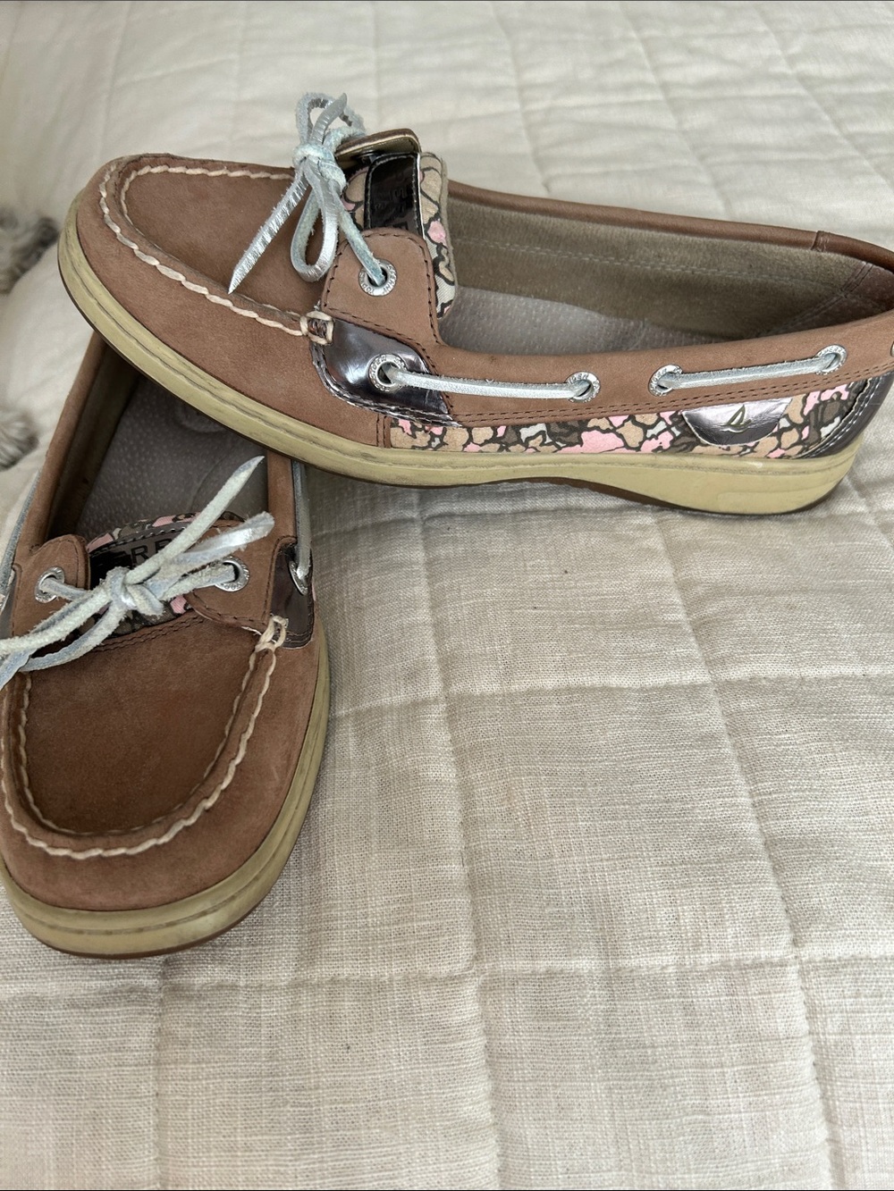 Brown Leather-Style Sperry Top Sider Boat Shoes with Metallic Pink Floral Trim
